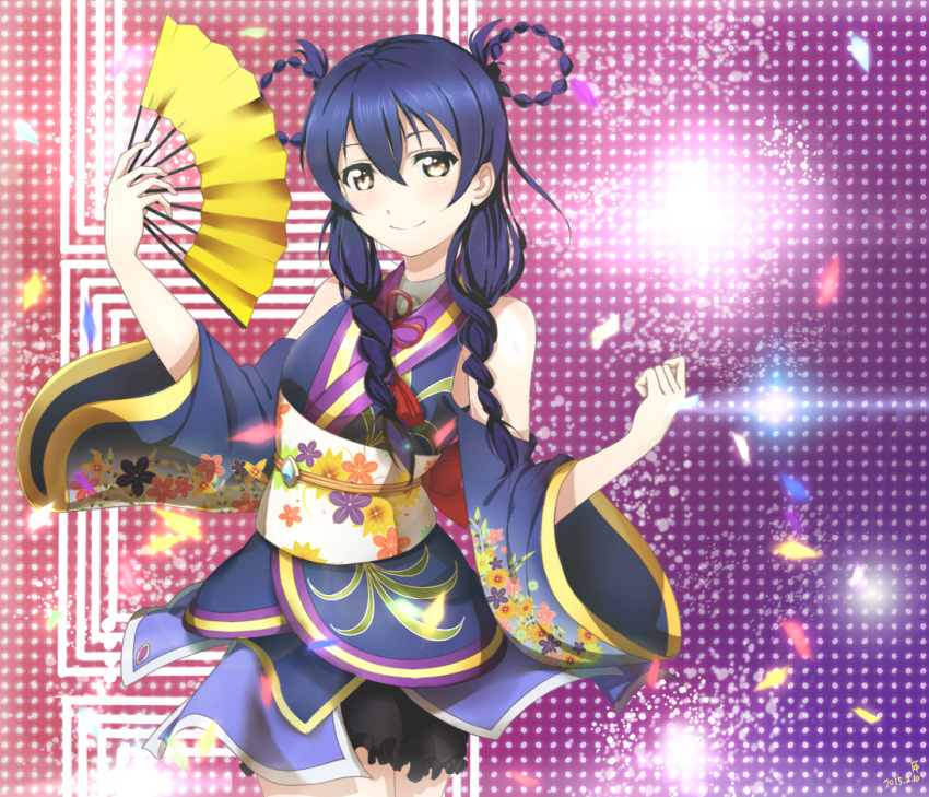 angelic_angel arm_up bangs blue_hair blush braid commentary_request cowboy_shot detached_sleeves fan folding_fan hair_between_eyes hair_rings japanese_clothes long_hair looking_at_viewer love_live! love_live!_school_idol_project shiimai shoulder_cutout smile solo sonoda_umi twin_braids yellow_eyes