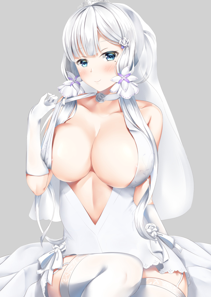areola_slip areolae azur_lane bangs blue_eyes blush breasts choker cleavage collarbone flower garter_straps gloves grey_background hair_flower hair_ornament highres illustrious_(azur_lane) kanade_pa large_breasts looking_at_viewer mole mole_under_eye nipple_slip nipples personification simple_background sitting solo strap_pull thighhighs tiara veil white_garter_straps white_gloves white_hair white_legwear