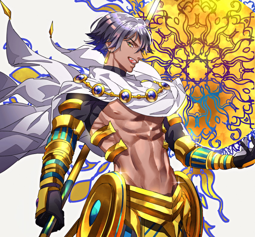 :d abs black_gloves black_hair cape chest commentary_request earrings egyptian egyptian_art egyptian_clothes fate/prototype fate_(series) gauntlets glint gloves gold_trim greaves green_eyes hair_between_eyes highres holding jewelry looking_at_viewer male_focus navel open_mouth ozymandias_(fate) shirtless short_sleeves smile solo tenobe turtleneck white_cape