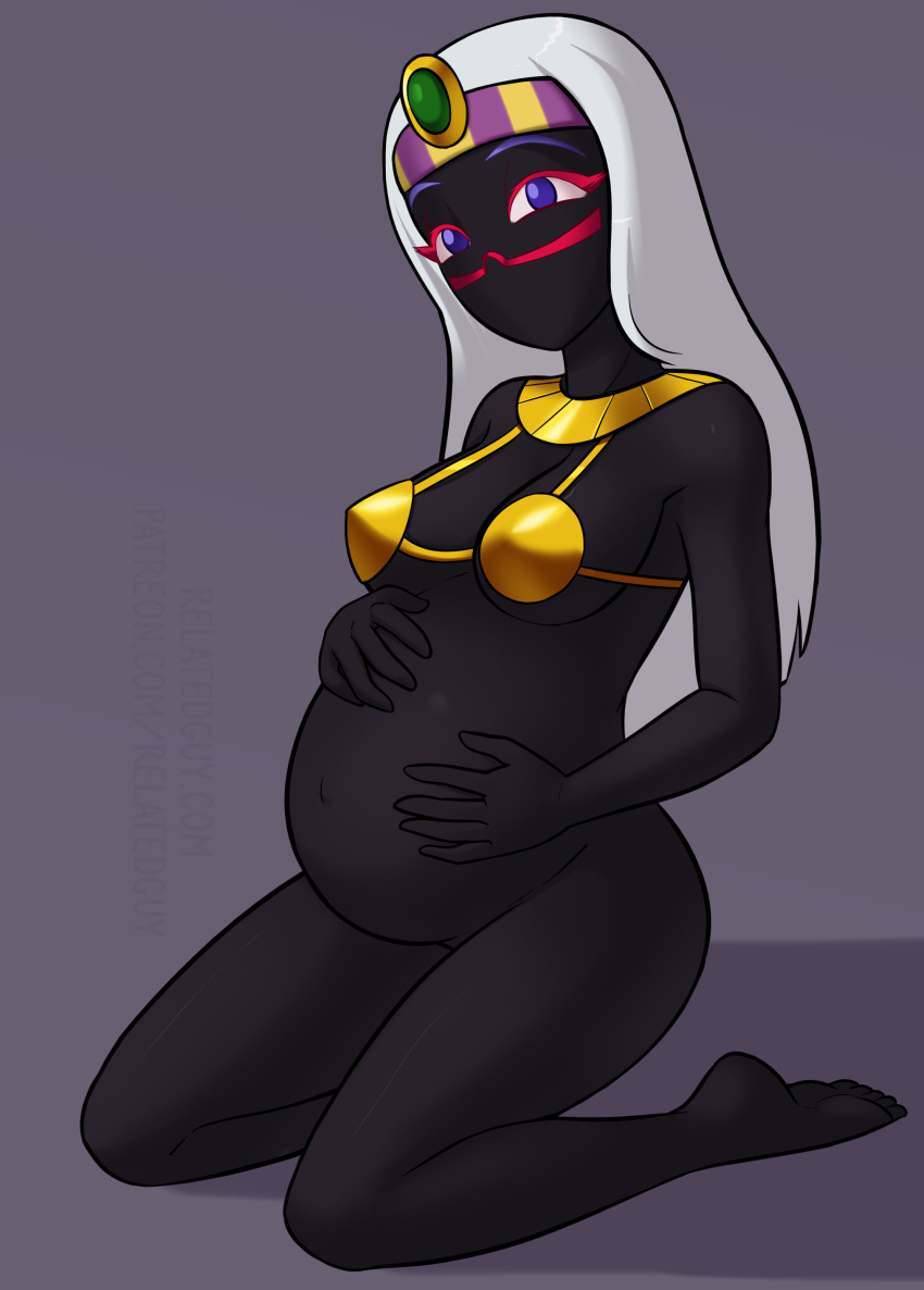 2018 5_fingers 5_toes alien black_skin blue_eyes bottomless bra breasts clothed clothing collar digital_media_(artwork) duck_dodgers female hair hi_res humanoid kneeling long_hair looking_at_viewer martian navel not_furry pregnant queen_tyr'ahnee relatedguy side_boob simple_background skimpy solo toes under_boob underwear white_hair