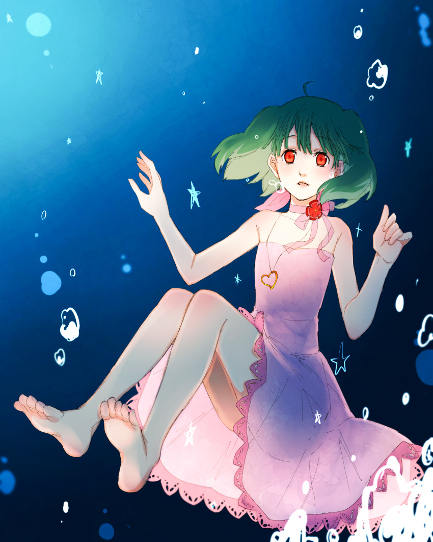 absurdres ahoge bare_arms bare_legs bare_shoulders barefoot chiyomaru_(yumichiyo0606) choker dress feet floating floating_hair green_hair highres jewelry macross macross_frontier necklace pink_dress ranka_lee red_eyes ribbon_choker see-through_silhouette short_hair sleeveless sleeveless_dress solo strapless strapless_dress underwater w_arms