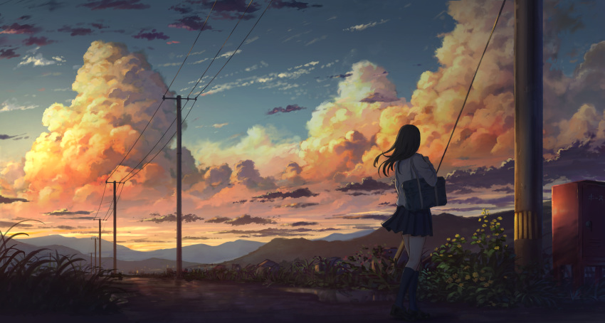 bag black_hair black_legwear carrying city_lights cloud commentary daisy facing_away flower from_side grass hair_blowing highres jacket kneehighs loafers medium_hair mountain mountainous_horizon original outdoors pleated_skirt postbox_(outgoing_mail) power_lines puddle revision road rural scenery school_bag school_uniform shoes skirt sugi87 sunset twilight walking wide_shot wind