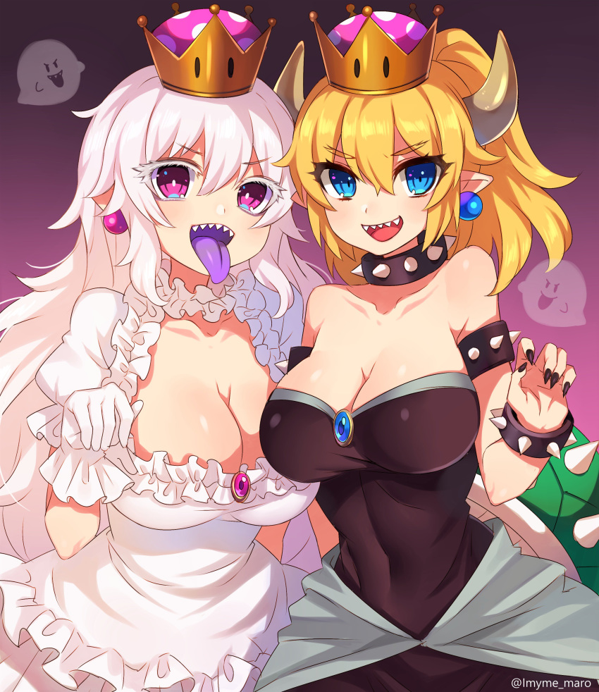 absurdres bare_shoulders black_nails blonde_hair blue_eyes boo bowsette bracelet breasts cleavage collar collarbone covered_navel crown dress earrings eyebrows_visible_through_hair gloves gradient gradient_background highres horns jewelry large_breasts long_hair looking_at_viewer luigi's_mansion mario_(series) marota multiple_girls nail_polish new_super_mario_bros._u_deluxe open_mouth pink_eyes pointy_ears ponytail princess_king_boo purple_background sharp_teeth short_hair smile spiked_armlet spiked_bracelet spiked_collar spikes super_crown super_mario_bros. teeth tongue tongue_out twitter_username white_dress white_eyelashes white_gloves white_hair