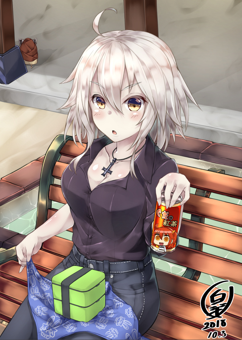 ahoge alternate_costume bangs bench black_pants blush breasts buttons can casual caustics cleavage collarbone collared_shirt commentary_request cross cross_necklace dated day fate/grand_order fate_(series) fujimaru_ritsuka_(female) hair_between_eyes hand_up handkerchief highres holding holding_can jeanne_d'arc_(alter)_(fate) jeanne_d'arc_(fate)_(all) jewelry looking_at_viewer lunchbox medium_breasts necklace ourah_ikuzus outdoors pants park_bench parted_lips pillar purple_shirt shadow shirt shirt_tucked_in short_hair signature silver_hair sitting soda_can solo v-shaped_eyebrows yellow_eyes