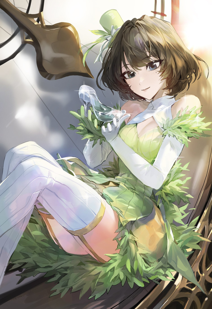 blue_eyes breasts brown_hair cleavage cleavage_cutout clock commentary_request elbow_gloves eyebrows_visible_through_hair garter_straps glass_slipper gloves green_eyes green_hat hat hat_ribbon heterochromia highres holding holding_shoes idolmaster idolmaster_cinderella_girls korean_commentary lime_green_feather miniskirt mole mole_under_eye mossi pumps ribbon shoes shoes_removed short_hair sitting skirt small_breasts solo takagaki_kaede team_cendrillon thighhighs white_gloves white_legwear white_ribbon
