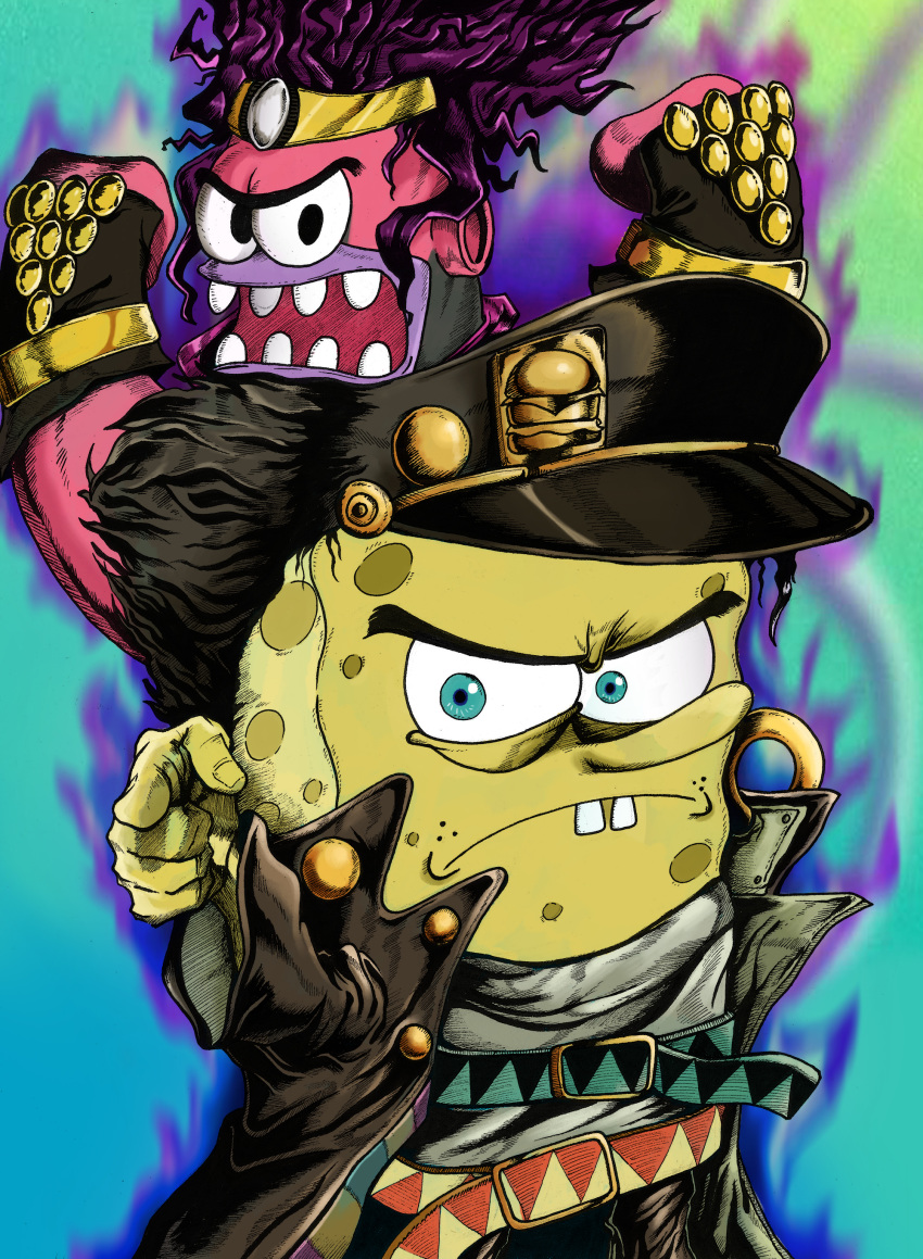 absurdres belt black_hair black_hat hat highres immortalzy jojo_no_kimyou_na_bouken jojo_pose kuujou_joutarou multicolored multicolored_background multiple_belts multiple_boys patrick_star pointing pointing_at_viewer pose purple_hair spongebob_squarepants spongebob_squarepants_(character) stand_(jojo) star_platinum