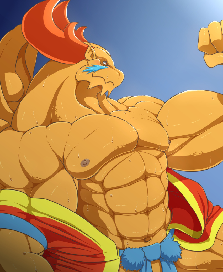 abs anthro biceps big_biceps breath_of_fire broken_(artist) brown_eyes brown_scales brown_skin bulge clothed clothing dragon garr_(breath_of_fire) horn huge_muscles male muscular pecs reptile scales scalie sweat topless triceps video_games wings