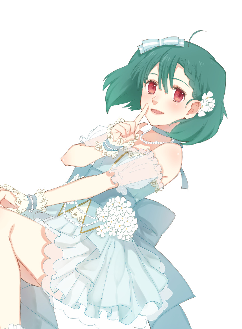 absurdres ahoge alternate_costume blue_dress bow braid chiyomaru_(yumichiyo0606) choker crown_braid detached_sleeves dress dutch_angle finger_to_mouth flower green_hair hair_bow hair_flower hair_ornament highres jewelry macross macross_frontier necklace pearl_necklace ranka_lee red_eyes ribbon_choker see-through short_hair smile solo