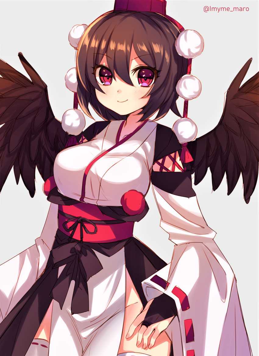 absurdres black_gloves black_wings breasts bridal_gauntlets brown_hair cowboy_shot detached_sleeves feathered_wings gloves grey_background hat highres kourindou_tengu_costume long_sleeves looking_at_viewer marota medium_breasts no_panties obi pelvic_curtain pom_pom_(clothes) red_eyes sash shameimaru_aya simple_background smile solo standing thighhighs tokin_hat touhou twitter_username white_legwear wide_sleeves wings