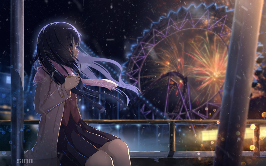 aerial_fireworks amusement_park artist_name backlighting bangs black_hair black_skirt blouse blue_eyes blurry blurry_background blurry_foreground blush bokeh brown_coat buttons coat commentary_request cup depth_of_field drink drinking_glass eyebrows_visible_through_hair ferris_wheel fireworks floating_hair from_side hand_up highres holding holding_cup lights long_hair looking_afar miniskirt neon_lights night night_sky open_clothes open_coat original outdoors parted_lips pink_scarf plaid plaid_scarf pleated_skirt profile railing red_shirt roller_coaster scarf shirt sion005 sitting skirt sky snowing solo unmoving_pattern wind winter winter_clothes