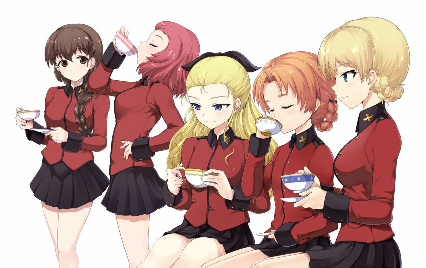 assam bangs black_skirt blonde_hair blue_eyes braid brown_eyes brown_hair closed_eyes closed_mouth cup darjeeling drinking_glass epaulettes from_side girls_und_panzer hair_ornament hair_over_shoulder hair_pulled_back hair_ribbon hairclip hand_on_hip holding holding_saucer jacket kasai_shin light_frown long_hair long_sleeves looking_at_viewer looking_away military military_uniform miniskirt multiple_girls orange_hair orange_pekoe parted_bangs pleated_skirt red_hair red_jacket ribbon rosehip rukuriri saucer short_hair simple_background single_braid sitting skirt smile st._gloriana's_military_uniform standing teacup tied_hair twin_braids uniform white_background