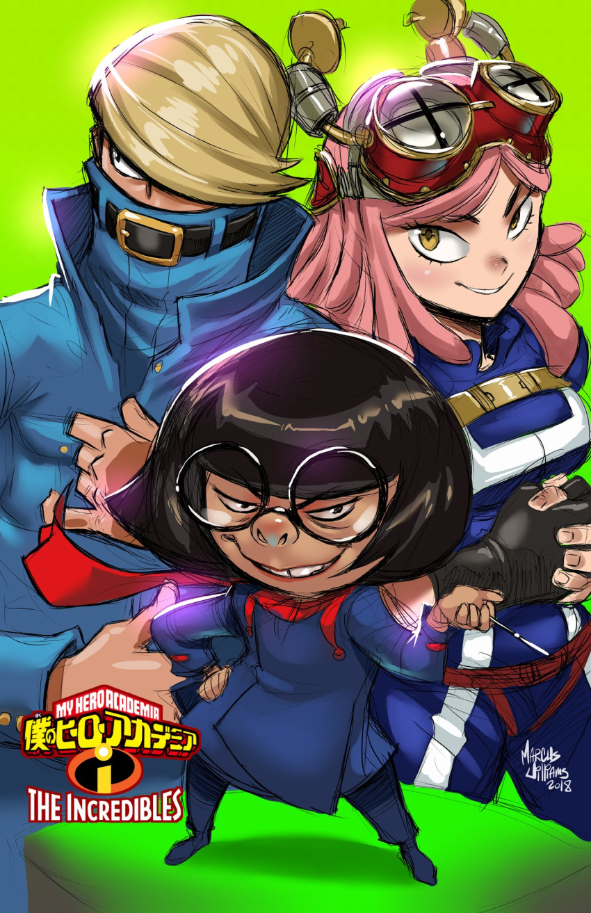 2girls best_jeanist black_hair blonde_hair boku_no_hero_academia buckle commentary covered_mouth crossover denim edna_mode english_commentary goggles goggles_on_head hatsume_mei high_collar highres marcusthevisual multiple_girls nose nostrils pink_hair round_eyewear short short_stack symbol-shaped_pupils the_incredibles toon u.a._gym_uniform yellow_eyes