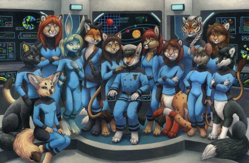 anthro breasts canine ceres_(star_phoenix) chakat chakona_space clothed clothing coyote danson_(star_phoenix) faleshkarti feline female fennec fox foxtaur group hotfoot_(star_phoenix) kacey lagomorph lion loander madeline_cottonfield male mammal martin_yote melee_weapon mouse penelope_windsor rabbit rodent shintaro_(star_phoenix) spacecraft sword taur tiger uniform vehicle weapon