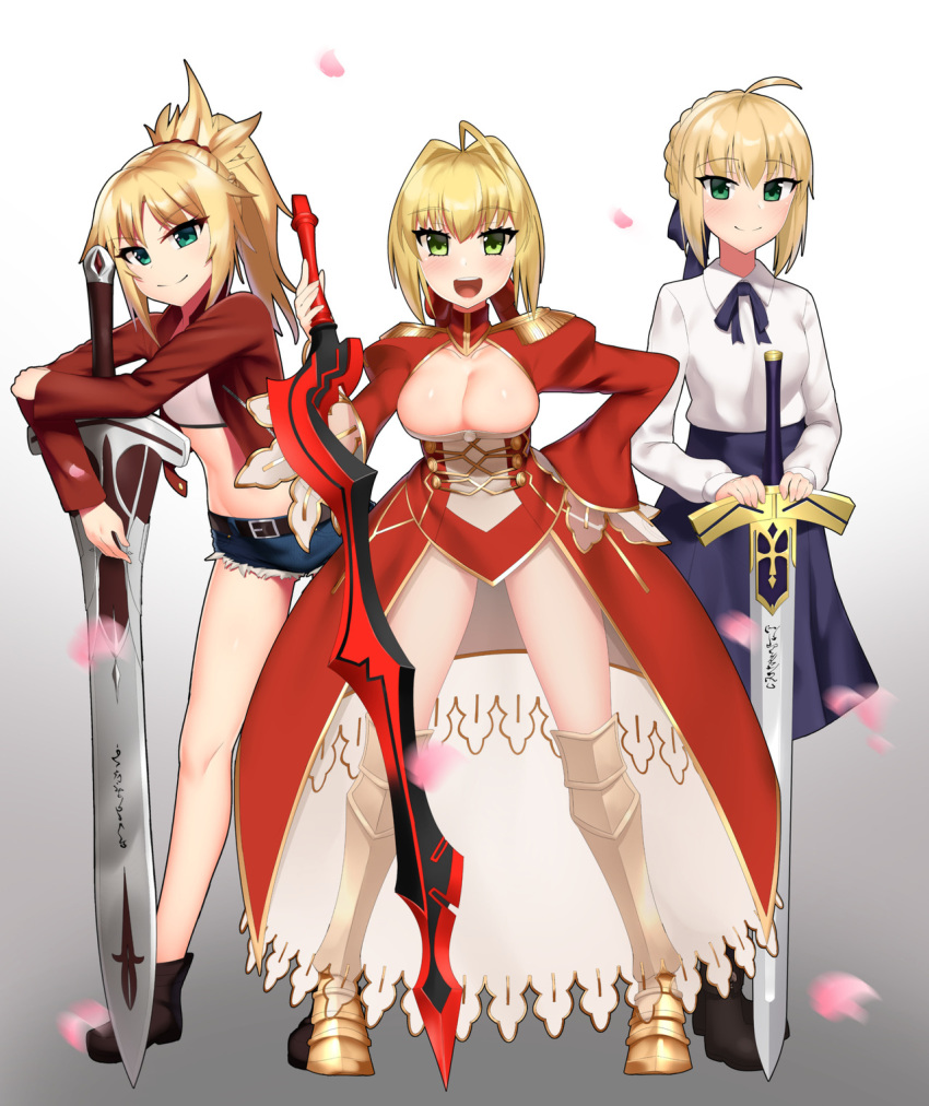 :d aestus_estus ahoge armored_boots artoria_pendragon_(all) belt black_footwear black_legwear blonde_hair blue_ribbon blue_skirt boots braid breasts clarent cleavage cleavage_cutout commentary commission cowfee cropped_jacket crown_braid cutoffs dress english_commentary epaulettes excalibur eyebrows_visible_through_hair fate/apocrypha fate/extra fate/stay_night fate_(series) full_body gradient gradient_background greaves green_eyes groin hair_intakes hair_ribbon hand_on_hip high-waist_skirt highres jacket juliet_sleeves knee_boots large_breasts leaning_forward legs_apart long_dress long_hair long_sleeves looking_at_viewer micro_shorts midriff mordred_(fate) mordred_(fate)_(all) multiple_girls nero_claudius_(fate) nero_claudius_(fate)_(all) open_clothes open_dress open_mouth pantyhose petals ponytail puffy_sleeves red_dress red_jacket red_ribbon ribbon saber shirt short_hair shorts showgirl_skirt simple_background skirt smile standing sword v-shaped_eyebrows weapon white_shirt wide_sleeves