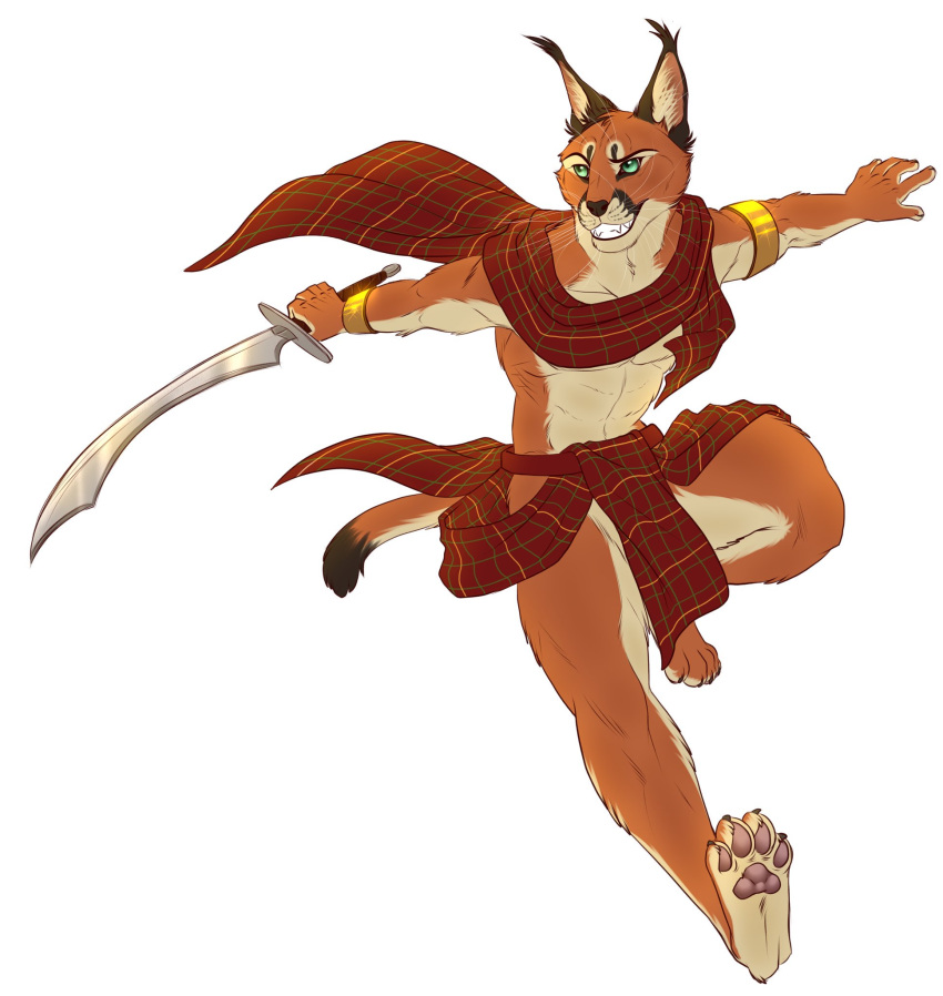 2018 4_toes 5_fingers anthro barefoot caracal clothed clothing digital_media_(artwork) feline green_eyes hi_res holding_object holding_weapon inkrend male mammal melee_weapon smile solo sword toes weapon whiskers