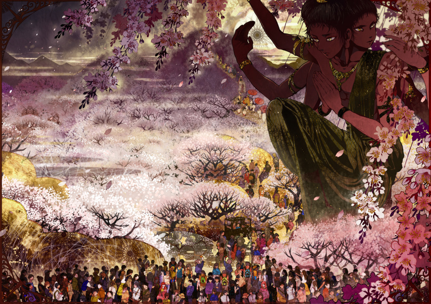 6+girls armlet arms_up asura_(buddhism) black_hair bracelet buddhism car cherry_blossoms commentary_request dark_skin extra_arms giant ground_vehicle hands_together highres indian_clothes jewelry kibi_(kibi.ibik) looking_to_the_side motor_vehicle multiple_boys multiple_girls multiple_heads necklace one_knee original short_hair stretched_earlobes tree yellow_eyes