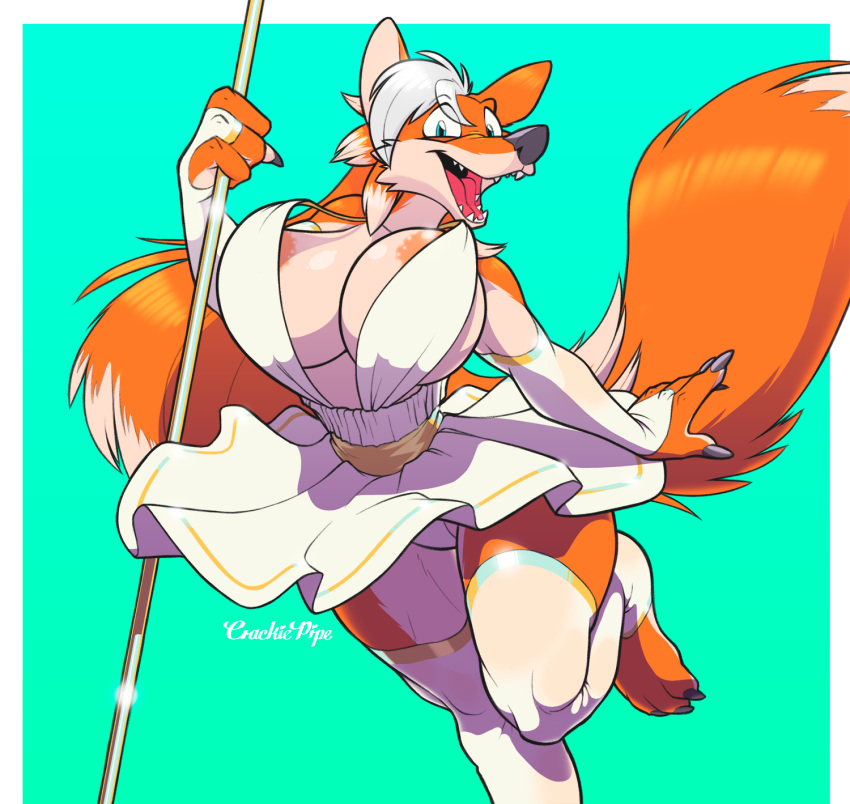 2018 4_fingers anthro areola barefoot big_breasts black_nose breasts canine cleavage clothed clothing crackiepipe diana_(daggron) dress female fox hi_res huge_breasts legwear looking_at_viewer mammal open_mouth open_smile panties pole sash sharp_teeth small_waist smile solo stripper_pole teeth thigh_highs tongue two_tone_background underwear upskirt