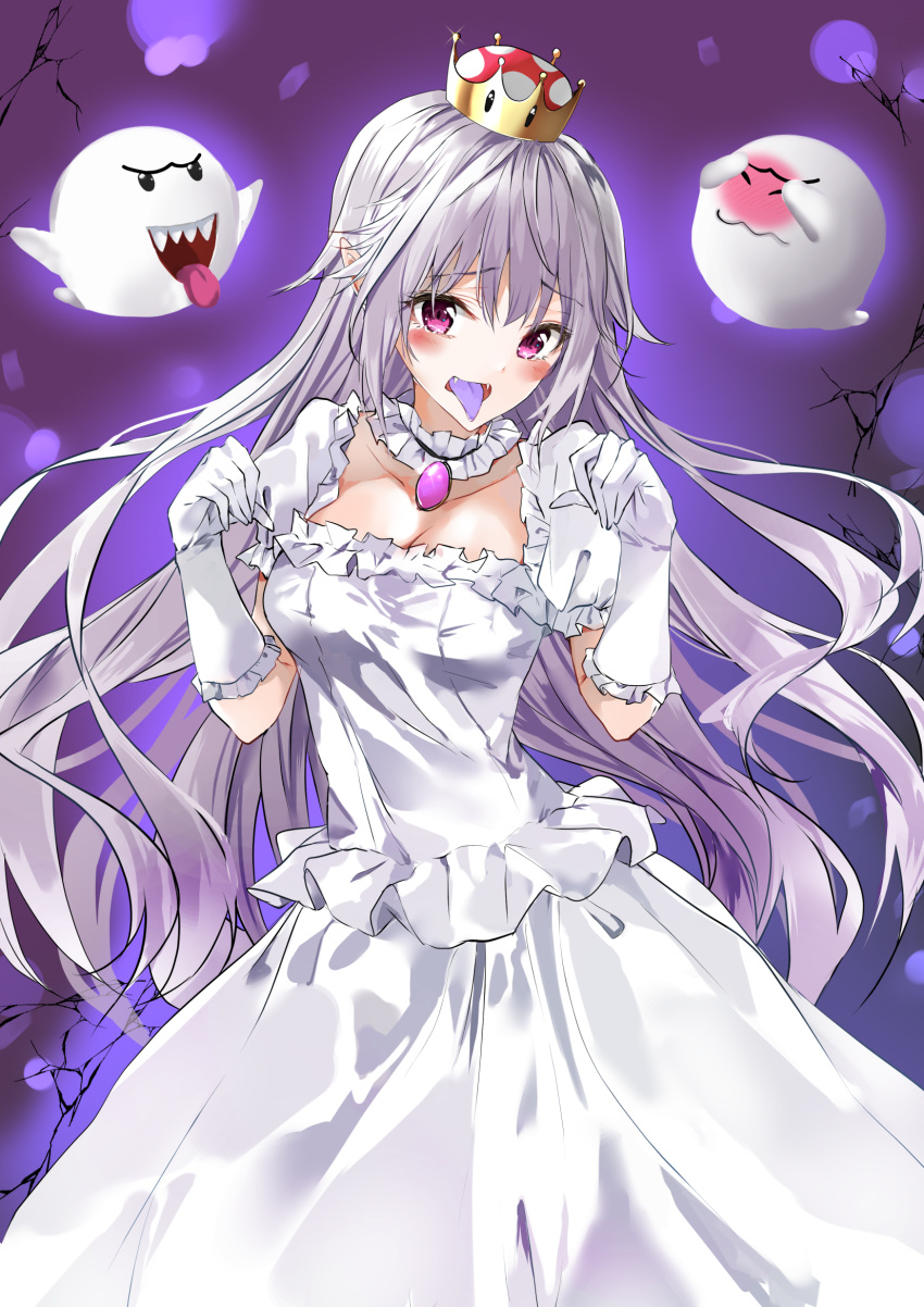 blush boo breasts cleavage collar collarbone crown dress eyebrows_visible_through_hair frilled_collar frilled_dress frilled_gloves frills fujisaki_ribbon gem ghost_pose gloves grin highres jewelry king_boo long_hair long_tongue looking_at_viewer luigi's_mansion mario_(series) mini_crown necklace new_super_mario_bros._u_deluxe open_mouth pale_skin pointy_ears princess_king_boo purple_eyes purple_tongue sharp_teeth simple_background smile super_crown tears teeth tongue tongue_out very_long_hair white_dress white_gloves white_hair