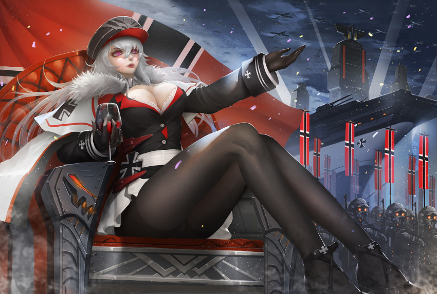 aircraft airplane alcohol army azur_lane bangs banner belt black_gloves black_legwear breasts cannon cape chair cleavage closed_mouth commentary_request cup expressionless flag floating_hair fur-trimmed_cape fur_trim gloves graf_zeppelin_(azur_lane) hair_between_eyes hand_up hat holding holding_cup iron_cross jacket kaze_no_gyouja large_breasts light_rays long_hair military military_uniform military_vehicle nazi_flag night outdoors pantyhose peaked_cap pink_eyes pleated_skirt red_eyes red_lips rigging searchlight ship sidelocks silver_hair sitting skirt soldier solo turret uniform very_long_hair walking warship water watercraft white_skirt wind wind_lift wine