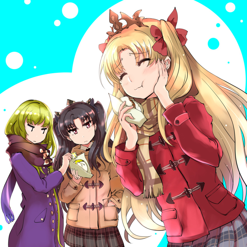 2girls ^_^ bangs baozi black_hair black_scarf black_skirt blonde_hair blush brown_coat brown_scarf closed_eyes closed_mouth coat commentary_request duffel_coat eating enkidu_(fate/strange_fake) ereshkigal_(fate/grand_order) eyebrows_visible_through_hair fate/grand_order fate_(series) food foodgasm glaring green_hair grimjin hair_ribbon hand_in_pocket hand_on_own_cheek holding holding_food ishtar_(fate/grand_order) long_hair long_sleeves looking_at_another multiple_girls plaid plaid_scarf plaid_skirt pleated_skirt purple_coat red_coat red_eyes red_ribbon ribbon scarf skirt tiara two-tone_background two_side_up winter_clothes