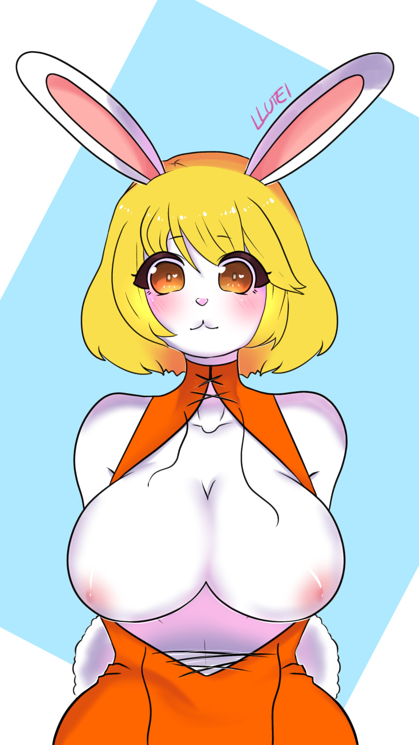 1girl animal_ears areolae blonde_hair blush breasts bunny_ears bunny_tail carrot_(one_piece) cleavage cleft_of_venus large_breasts long_hair nipples nude one_piece open_mouth tail