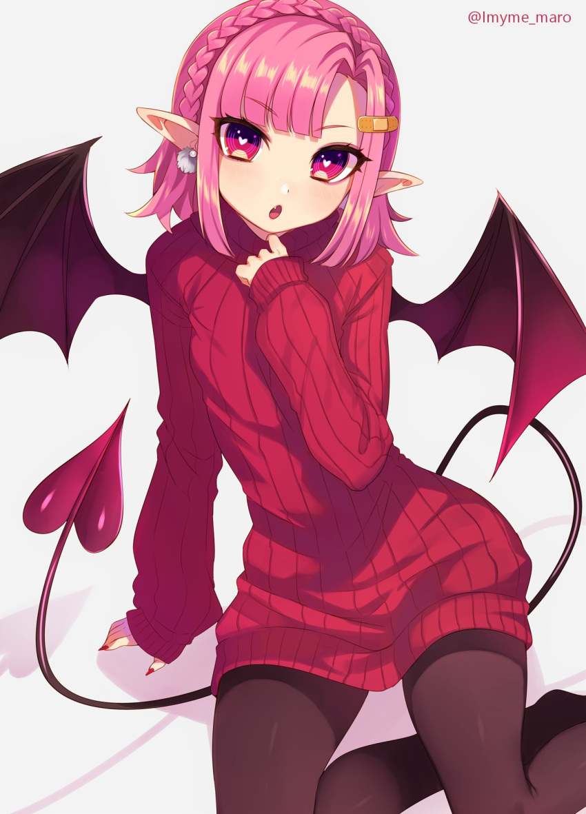 :o bandaid bandaid_hair_ornament bangs bat_wings black_legwear demon_girl demon_tail earrings eyebrows_visible_through_hair fang grey_background hair_ornament heart heart-shaped_pupils highres jewelry long_sleeves marota mary_(marota) open_mouth original pantyhose pink_hair pointy_ears red_eyes red_sweater ribbed_sweater simple_background solo sweater symbol-shaped_pupils tail twitter_username wings