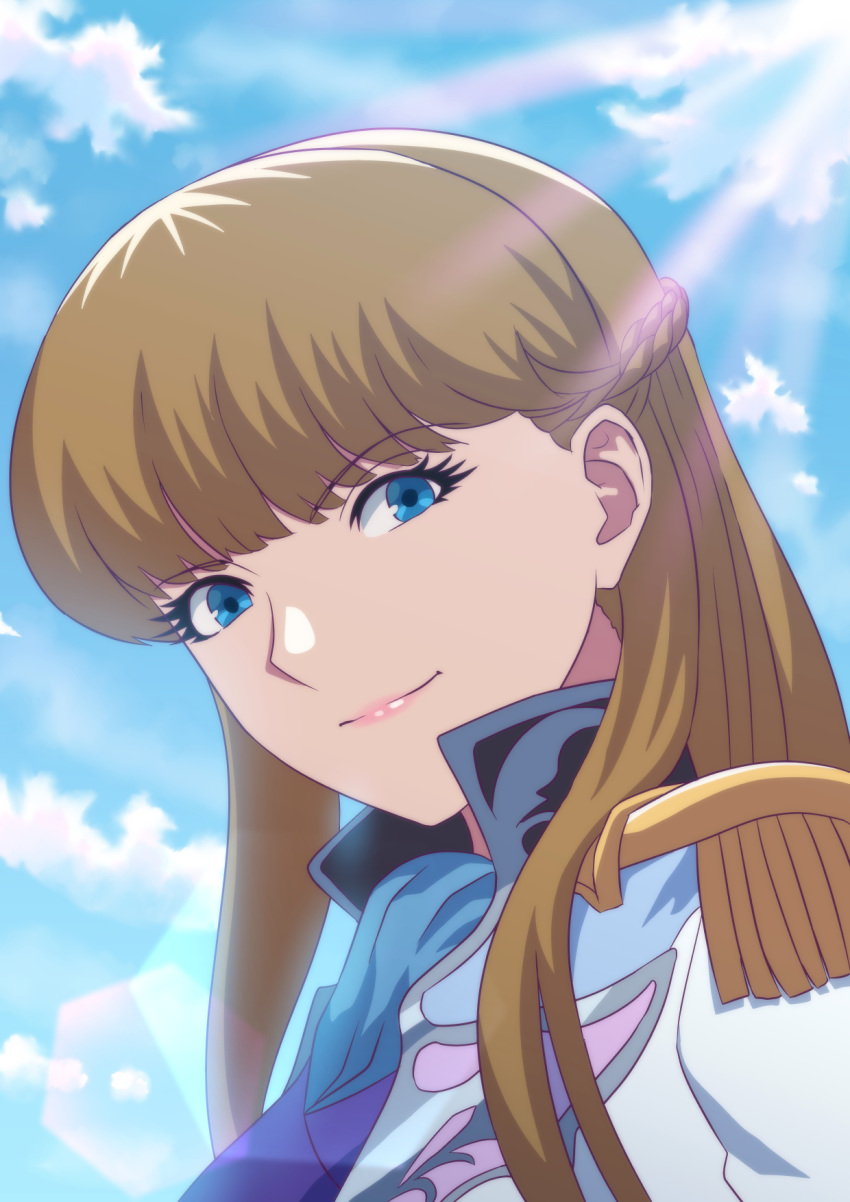 bangs blonde_hair blue_eyes blue_sky closed_mouth cloud commentary_request day epaulettes eyebrows_visible_through_hair fateline_alpha gundam gundam_wing highres light_rays long_hair looking_at_viewer military military_uniform pink_lips relena_peacecraft sky smile solo uniform upper_body