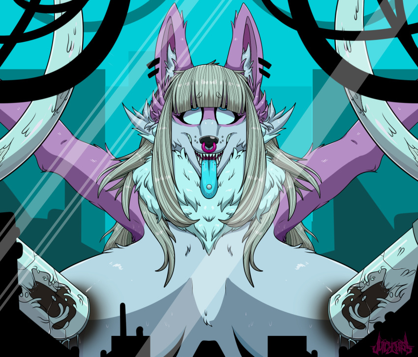 ahegao anthro big_breasts blonde_hair blue_eyes blue_tongue breasts canine drooling eye_roll facial_piercing female hair hi_res juicyghost lactating looking_pleasured machine mammal mature_female milk milking_machine nirvana_(juicyghost) nose_piercing nose_ring piercing pink_hair restrained saliva solo suction tongue tongue_out wolf