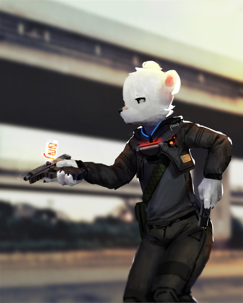 2018 anthro bear clothed clothing gun handgun hat holding_object holding_weapon magazine_(gun) male mammal meme outside panzery25 pines_(panzery25) pistol polar_bear ranged_weapon reloading signature solo standing twitter_hoodie weapon