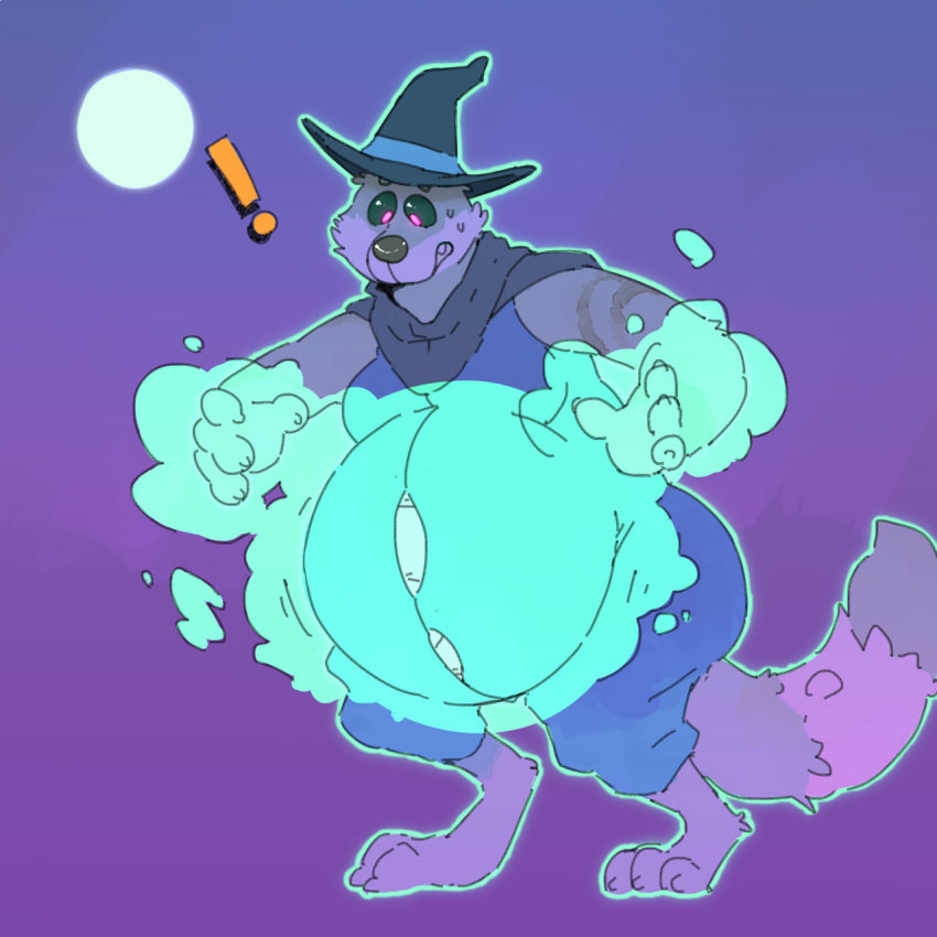 ! 2018 3_toes 4_fingers anthro belly big_belly black_nose black_sclera blue_clothing claws clothing costume digital_drawing_(artwork) digital_media_(artwork) fur glowing glowing_eyes glowing_pupils halloween hat hi_res holidays magic magic_user male mammal markings moobs multicolored_fur multicolored_tail outside overweight pawpadpup pawpadpup_(characters) pink_pupils simple_background solo standing striped_fur stripes sweat toe_claws toes torn_clothing varmint weight_gain witch witch_hat worried