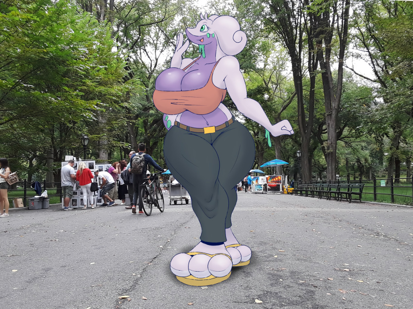 3_toes anthro anthrofied bicycle big_breasts breasts cleavage clothed clothing fan_character female flip_flops fully_clothed goodra green_eyes group human mammal midriff navel nintendo open_mouth open_smile outside pants penelope_(zp92) pok&eacute;mon pok&eacute;mon_(species) pok&eacute;morph raised_arm real shirt smile solo_focus standing tank_top toes tree video_games voluptuous wide_hips zp92