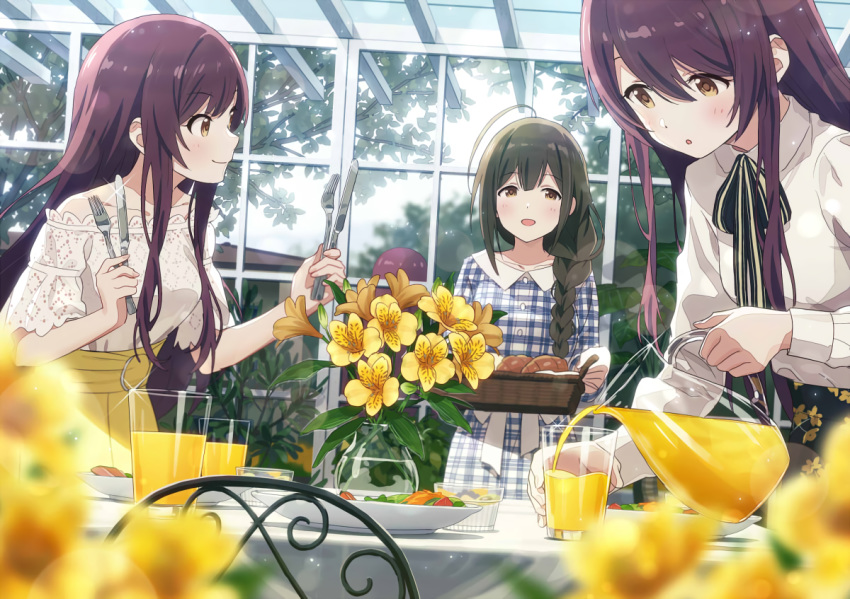 aliasing black_hair braids brown_eyes dress drink flowers food idolmaster idolmaster_shiny_colors kuwayama_chiyuki long_hair oosaki_amana oosaki_tenka ponytail purple_hair shirt skirt sonsoso twins