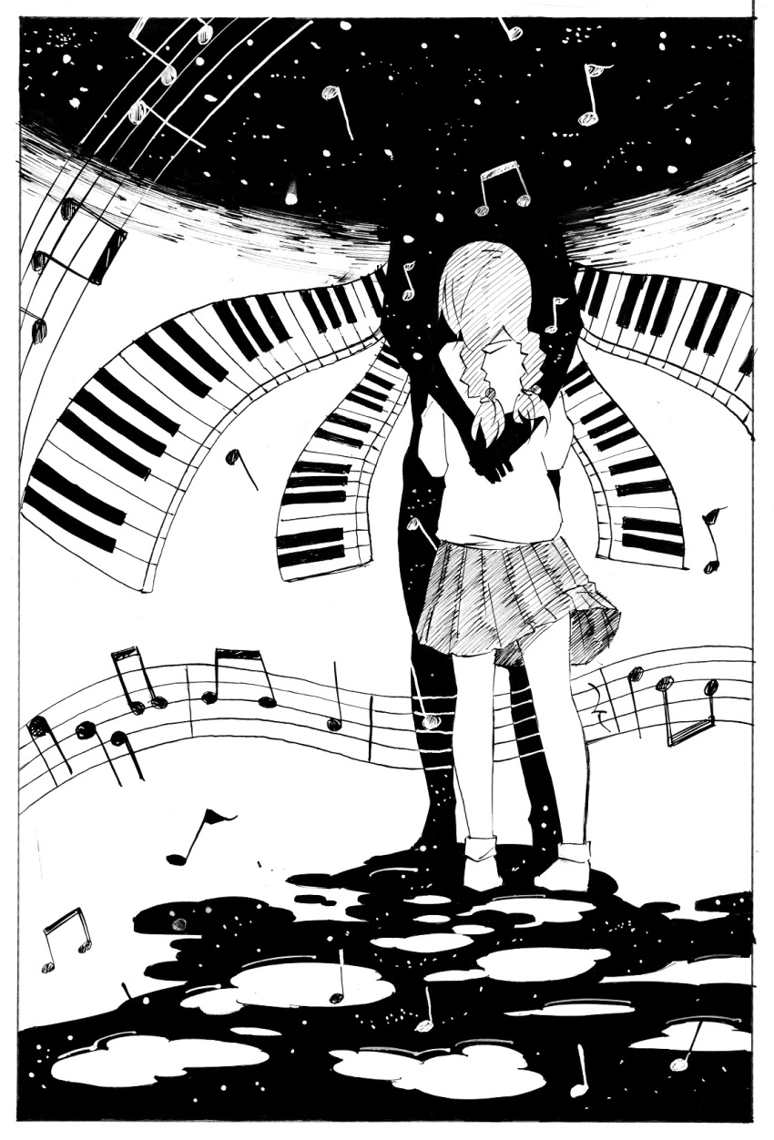 1girl braid calligraphy_brush_(medium) commentary_request fukaetakahiro greyscale highres long_hair madotsuki monochrome musical_note nib_pen_(medium) piano_keys shirt skirt space sweater traditional_media twin_braids twintails yume_nikki