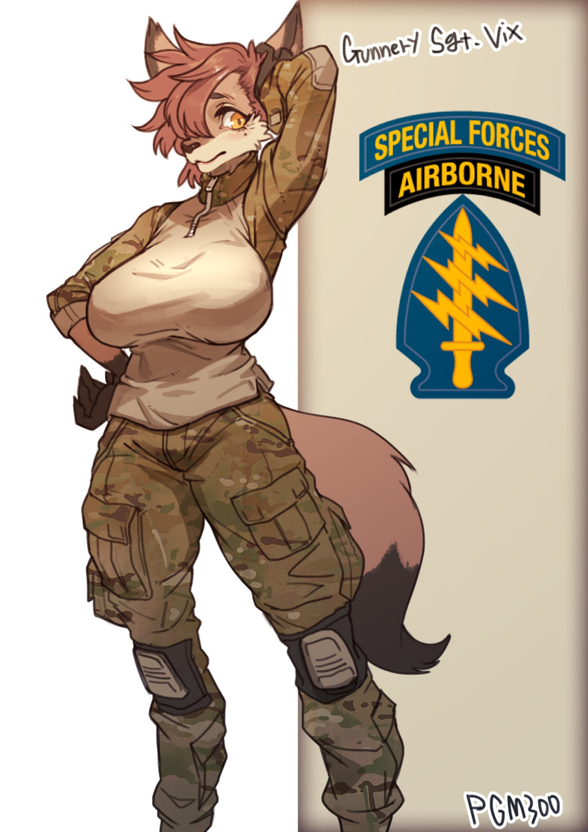 anthro beauty_mark big_breasts black_fur black_nose breasts brown_fur camo canine clothed clothing emblem english_text female fluffy fluffy_tail fully_clothed fur hair hand_on_head hand_on_hip hi_res knee_pads mammal military pgm300 red_hair simple_background solo standing text vlothed yellow_eyes