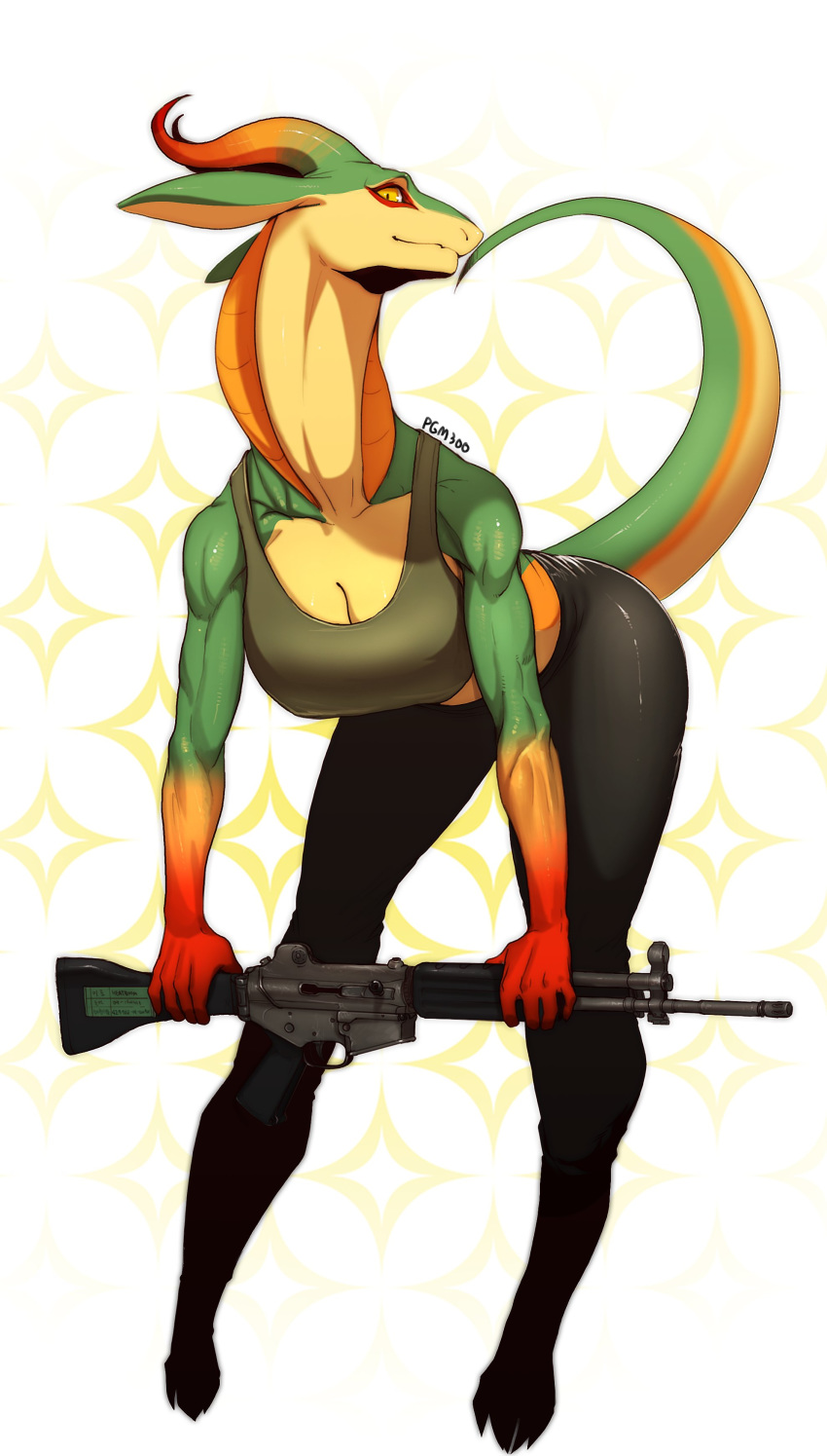 absurd_res breasts butt clothed clothing female green_skin gun hi_res holding_object holding_weapon horn looking_at_viewer pgm300 ranged_weapon red_skin reptile rifle scalie simple_background slit_pupils solo standing tan_skin weapon