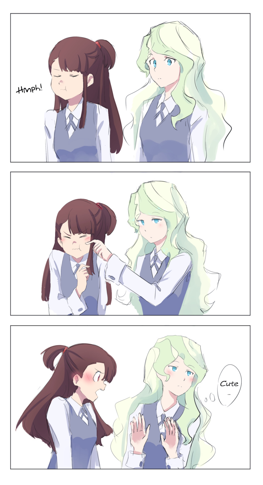 2girls blush brown_hair comic couple diana_cavendish embarrassed english eyes_closed kagari_atsuko little_witch_academia looking_at_another multicolored_hair multiple_girls simple_background teasing white_background yuri