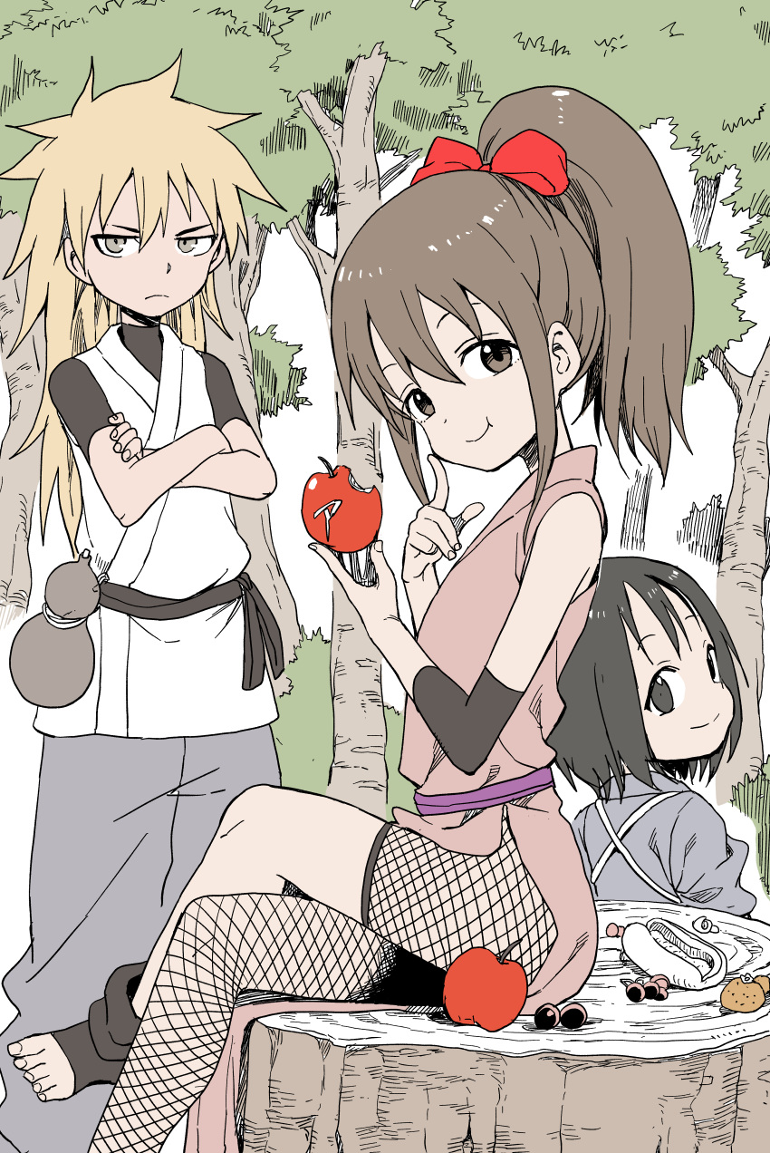 :t absurdres black_eyes black_hair blonde_hair bow brown_hair character_request closed_mouth commentary_request crossed_arms crossed_legs detached_sleeves eating finger_to_chin forest from_side gourd grey_eyes hair_bow highres holding kunoichi_tsubaki_no_mune_no_uchi multiple_girls nature ponytail red_apple red_bow sash short_hair sitting smile standing tree tree_stump yamamoto_souichirou