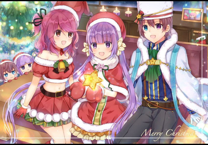 +_+ 2boys 3girls :d arm_support asbel_lhant bangs bare_shoulders bell belt belt_buckle black_pants blue_eyes blue_shirt blunt_bangs blurry blush breasts brown_hair buckle candle cape capelet character_request cheria_barnes chibi choker christmas_lights christmas_tree collarbone commentary_request couch crop_top dress eyebrows_visible_through_hair frilled_dress frills fur-trimmed_cape fur-trimmed_capelet fur_hat fur_trim gloves green_neckwear hat heterochromia indoors kneehighs letterboxed light_particles long_hair long_sleeves merry_christmas midriff miniskirt mistletoe mittens multiple_boys multiple_girls navel neck_ribbon off_shoulder on_couch one_side_up open_mouth pants picture_frame pink_hair pleated_skirt puffy_short_sleeves puffy_sleeves purple_eyes purple_hair red_capelet red_dress red_gloves red_hat red_skirt ribbon ribbon_choker santa_costume santa_hat shikino_(sikinonono) shirt shirt_tucked_in short_hair short_sleeves sidelocks sitting skirt small_breasts smile sophie_(tales) star suspenders tales_of_(series) tales_of_graces tilted_headwear twintails very_long_hair white_cape white_gloves white_hat white_legwear