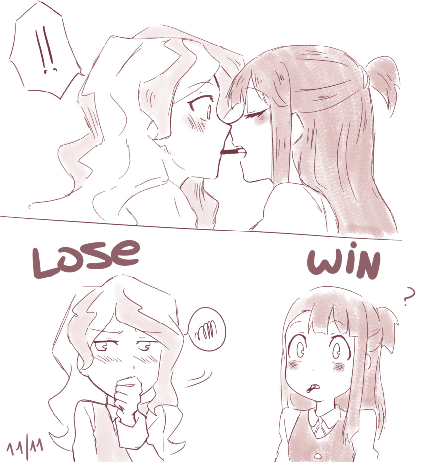 2girls blush couple diana_cavendish embarrassed eye_contact food imminent_kiss kagari_atsuko little_witch_academia looking_at_another monochrome multiple_girls pocky simple_background wavy_hair white_background yuri