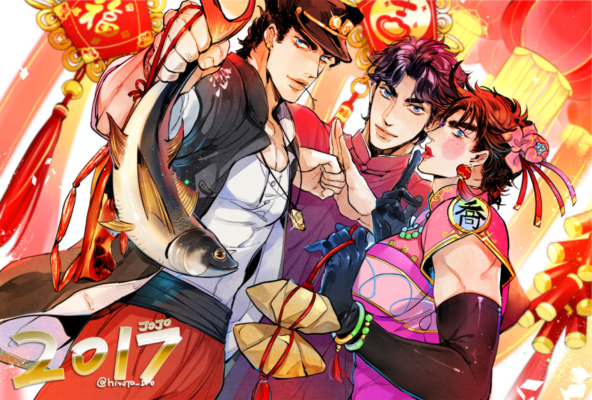 all_male animal aqua_eyes black_hair catsizuru chinese_clothes chinese_dress elbow_gloves fish gloves hat japanese_clothes jojo_no_kimyou_na_bouken jonathan_joestar joseph_joestar kuujou_joutarou male necklace short_hair signed wristwear