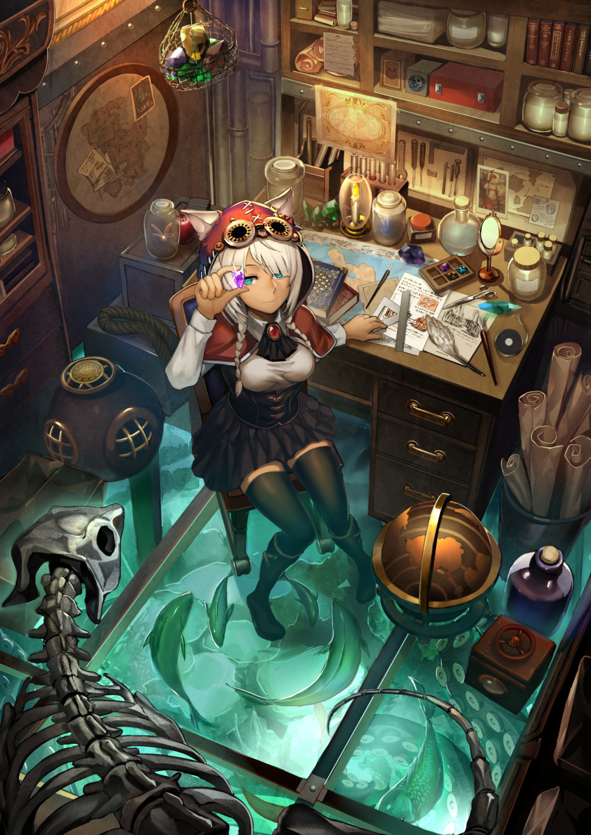 animal aqua_eyes ascot bangs basket black_legwear black_neckwear black_skirt book boots braid breasts brooch candle capelet case chair closed_mouth container drawer fish flask from_above gem globe goggles goggles_on_head hair_over_one_eye hand_up helmet highres holding hood indoors ink_bottle isaroishin jar jewelry long_hair long_sleeves looking_at_viewer map medium_breasts miniskirt mirror octopus original paper quill rope ruler scissors screwdriver scroll set_square shelf shirt sitting skeleton skirt smile solo table tape taut_clothes test_tube test_tube_rack thighhighs twin_braids underbust water white_hair white_shirt wing_collar wrench zettai_ryouiki