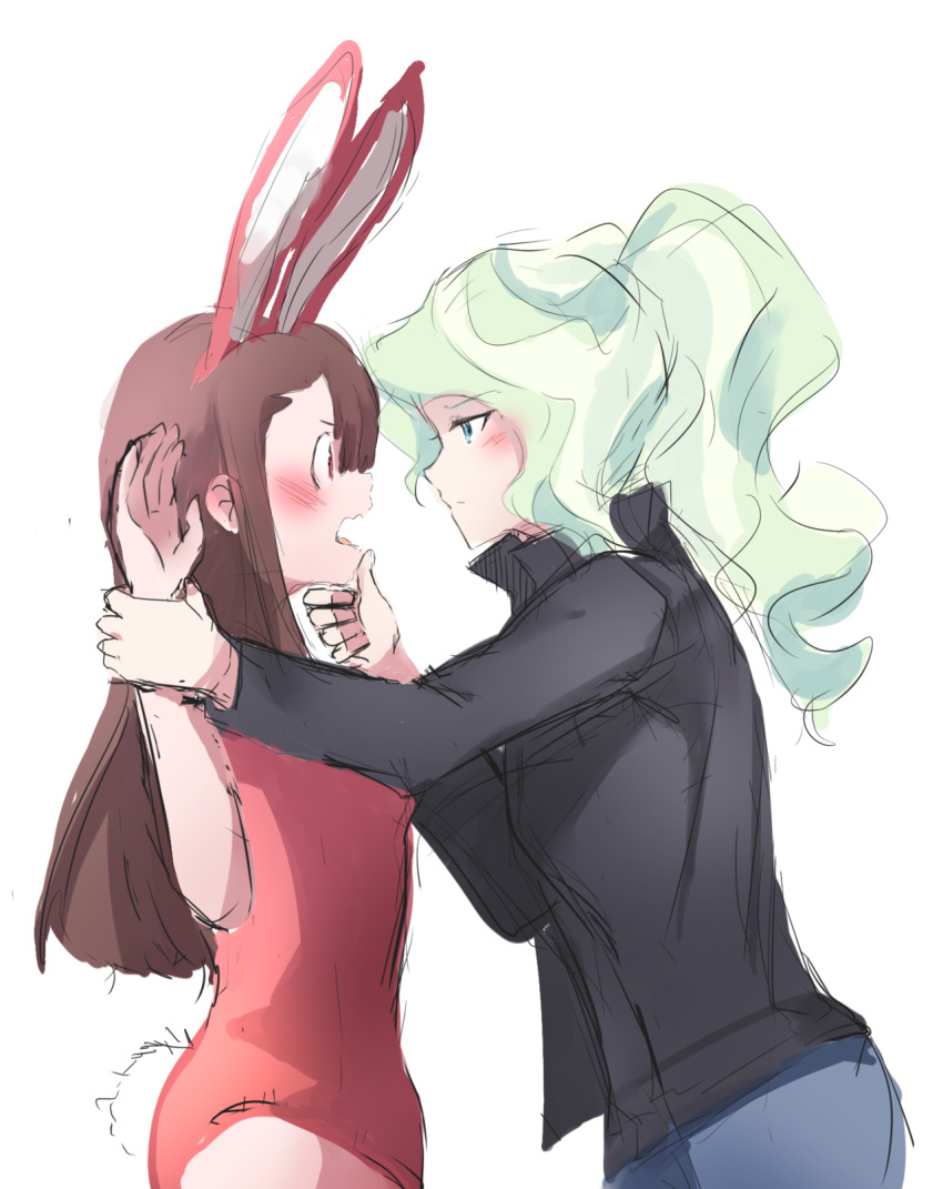 2girls alternate_costume alternate_hairstyle animal_ears blush brown_hair couple diana_cavendish embarrassed eye_contact kagari_atsuko little_witch_academia looking_at_another multicolored_hair multiple_girls playboy_bunny ponytail simple_background yuri