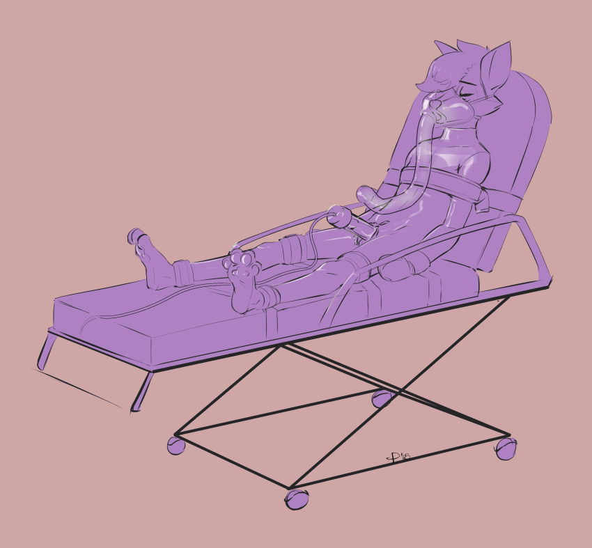 2018 4_toes absurd_res anthro aphrodisiac bdsm bed bodysuit bondage bound canine clothing digital_drawing_(artwork) digital_media_(artwork) dog gas_mask hair hi_res male mammal mask on_bed penis penis_milking poiuytrew rubber shiny shutter simple_background skinsuit solo tight_clothing toes