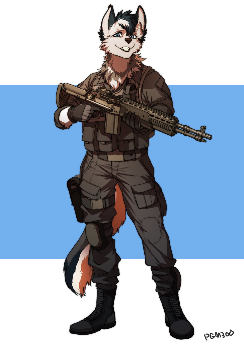 anthro blue_eyes blue_fur boots brown_fur canine clothed clothing fluffy footwear fully_clothed fur gloves gun handgun hi_res holding_object holding_weapon inner_ear_fluff knee_pads looking_at_viewer male mammal multicolored_tail pgm300 ranged_weapon rifle smile solo standing two_tone_background weapon white_fur