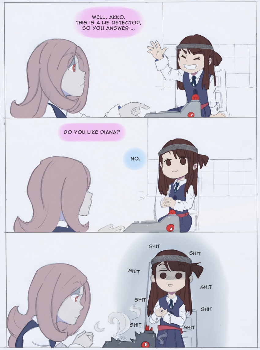 2girls bandanna brown_hair comic english kagari_atsuko lie_detector little_witch_academia looking_at_another multiple_girls nervous purple_hair simple_background sitting smoke sucy_manbavaran yuri