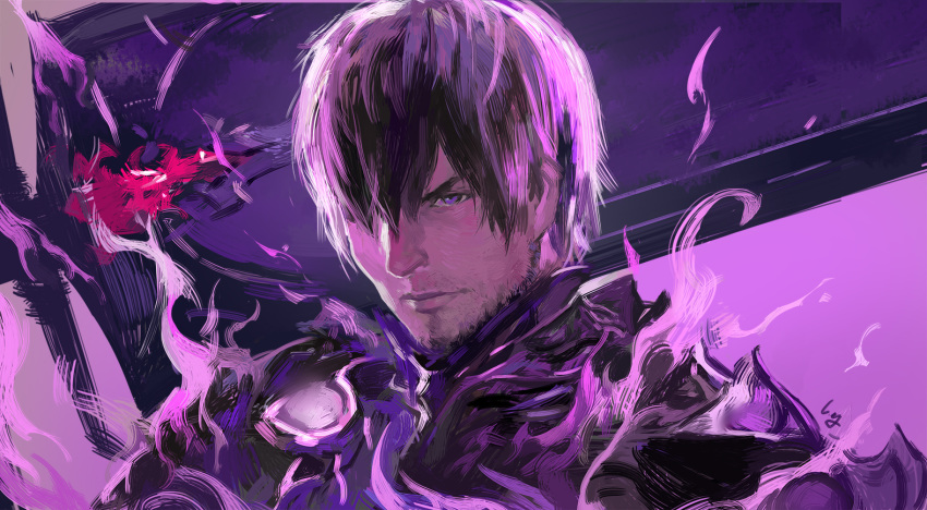 armor brown_hair character_request closed_mouth commentary dark_knight_(final_fantasy) english_commentary final_fantasy final_fantasy_xiv fire hair_over_one_eye hyur looking_at_viewer male_focus nanaya_(daaijianglin) one_eye_covered purple_eyes signature solo upper_body