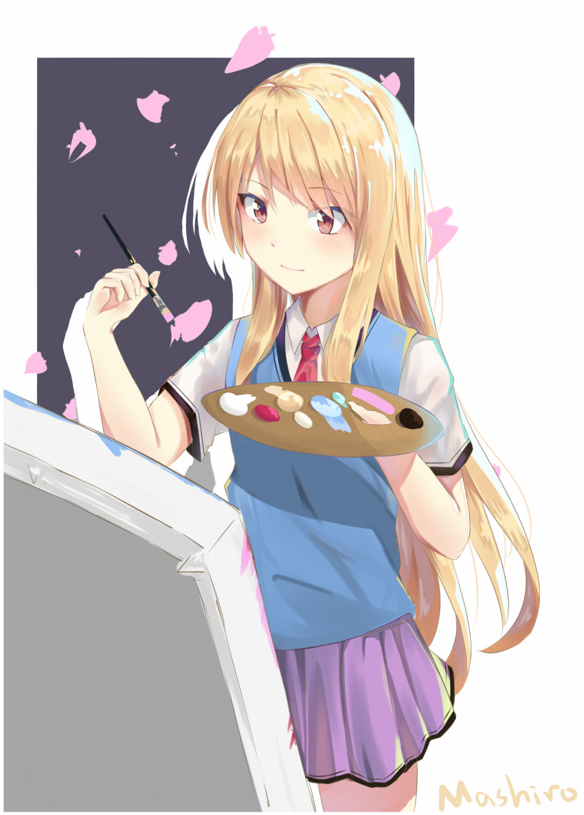 bangs blonde_hair blush canvas_(object) character_name closed_mouth collared_shirt commentary_request cowboy_shot eyebrows_visible_through_hair highres light_smile long_hair miniskirt necktie paintbrush painting palette pleated_skirt purple_skirt red_eyes red_neckwear sakura-sou_no_pet_na_kanojo school_uniform shiina_mashiro shirt short_sleeves sidelocks silhouette skirt solo standing sweater_vest tony42668 very_long_hair white_shirt
