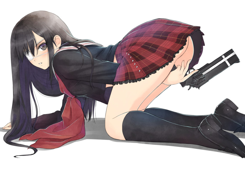 ass black_eyes black_hair eyepatch gun kneehighs long_hair nopan seifuku sister_blood skirt tagme_(character) taka_tony upskirt weapon white