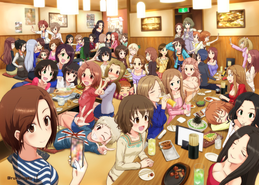 abe_nana absurdres aihara_yukino aikawa_chinatsu araki_hina beer_mug cellphone chopsticks clarice_(idolmaster) commentary_request drunk etou_misaki_(idolmaster) exit_sign hamakawa_ayuna harada_miyo hattori_touko helen_(idolmaster) highres hiiragi_shino himekawa_yuki hyoudou_rena idolmaster idolmaster_cinderella_girls ijuuin_megumi katagiri_sanae kate_(idolmaster) kawashima_mizuki kiba_manami kurokawa_chiaki kusakabe_wakaba long_hair manabe_itsuki manaka_misato master_trainer matsumoto_sarina matsuyama_kumiko mifune_miyu mochida_arisa multiple_girls namiki_meiko oonishi_yuriko oota_yuu phone rukurugku saitou_youko satou_shin sawada_marina senzaki_ema shinohara_rei short_hair signature smartphone souma_natsumi takafuji_kako takagaki_kaede takahashi_reiko takamine_noa tavern tougou_ai trainer_(idolmaster) twitter_username veteran_trainer wakui_rumi yamato_aki yanagi_kiyora zaizen_tokiko