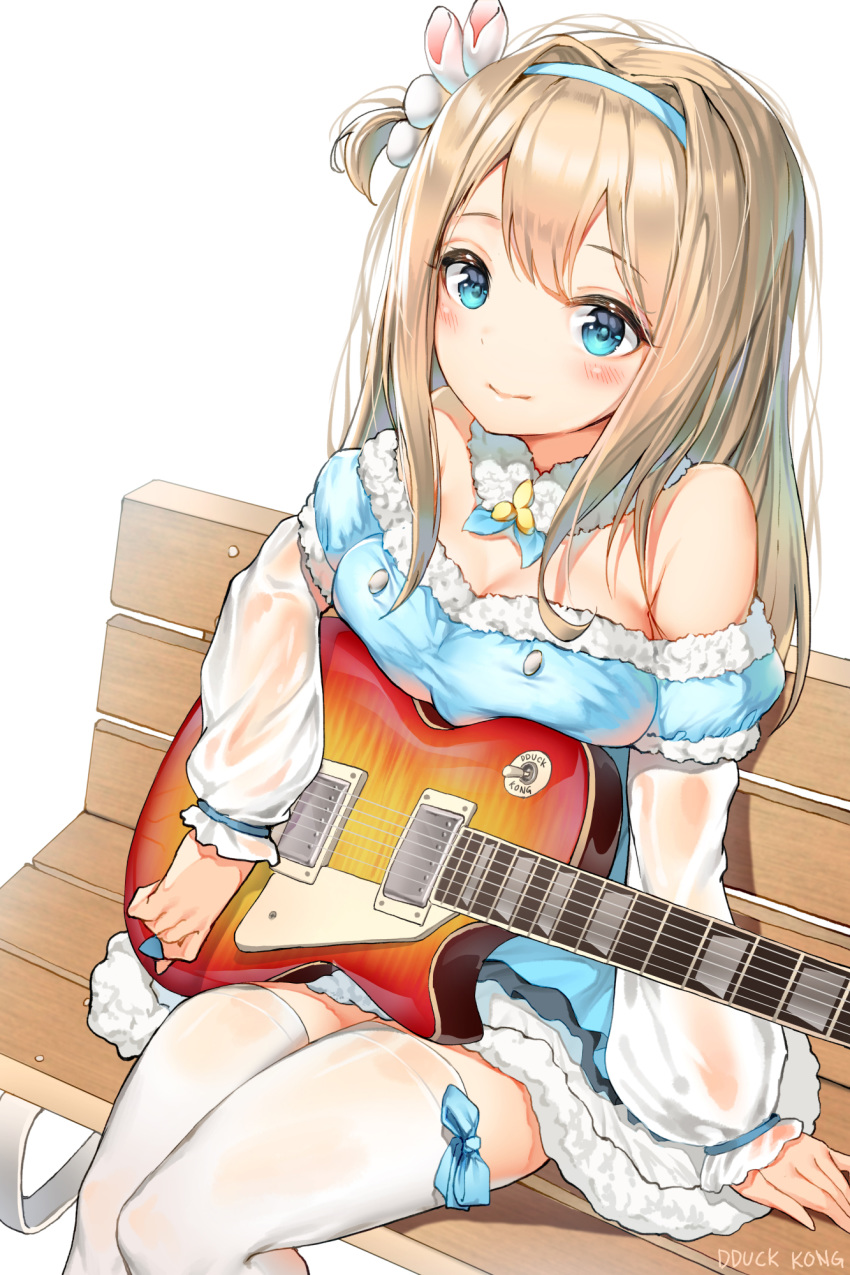 alternate_costume artist_name bangs bare_shoulders bench blonde_hair blue_bow blue_dress blue_eyes blue_hairband blush bow breasts cleavage closed_mouth collarbone commentary detached_collar detached_sleeves dress electric_guitar eyebrows_visible_through_hair girls_frontline guitar hair_between_eyes hair_ornament hairband highres hirasawa_yui holding_plectrum instrument k-on! lee_seok_ho les_paul light_brown_hair long_hair long_sleeves looking_at_viewer medium_breasts off-shoulder_dress off_shoulder on_bench one_side_up puffy_long_sleeves puffy_sleeves santa_costume seiyuu_connection sidelocks simple_background sitting smile snowflake_hair_ornament solo suomi_kp31_(girls_frontline) thighhighs toyosaki_aki very_long_hair white_background white_legwear